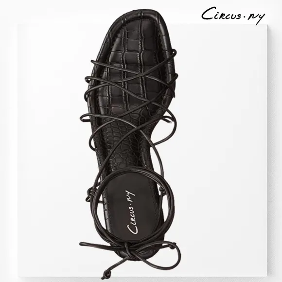 CIRCUS by SAM EDELMAN Blanche Tie-Up Sculpted 3.75&quot; Heel Black Sandals NWT/8M