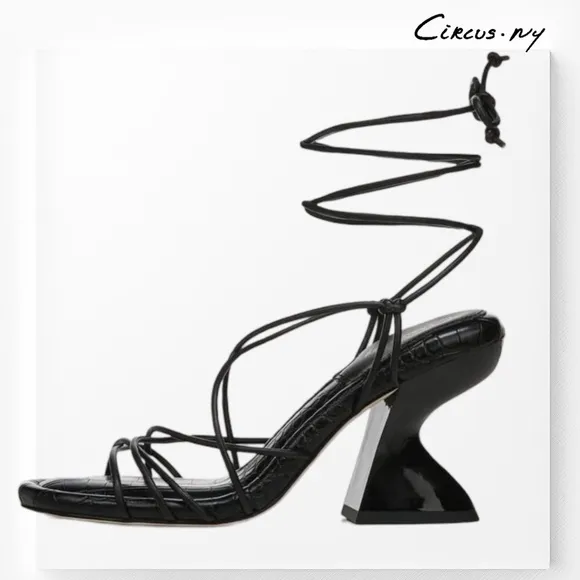CIRCUS by SAM EDELMAN Blanche Tie-Up Sculpted 3.75&quot; Heel Black Sandals NWT/8M