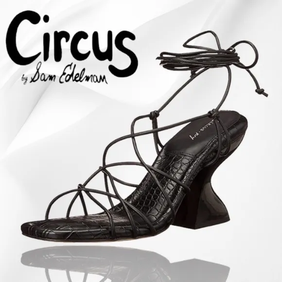 CIRCUS by SAM EDELMAN Blanche Tie-Up Sculpted 3.75&quot; Heel Black Sandals NWT/8M