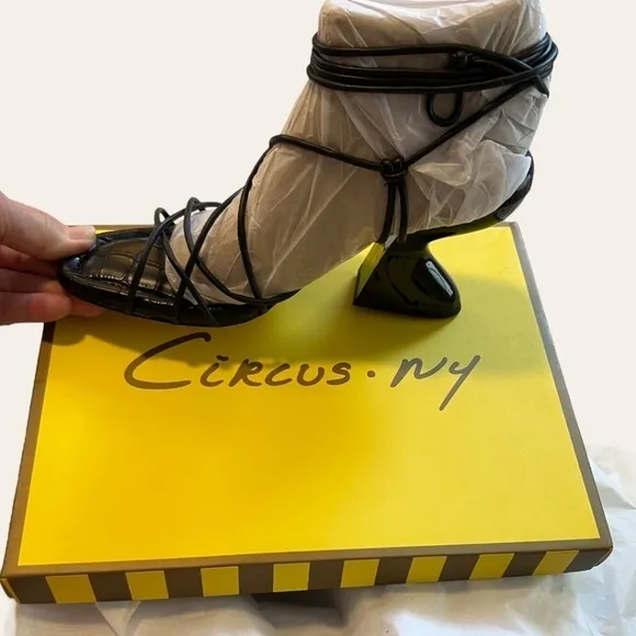 CIRCUS by SAM EDELMAN Blanche Tie-Up Sculpted 3.75&quot; Heel Black Sandals NWT/8M