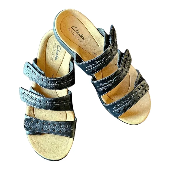 CLARKS COLKECTION Black Leather LAURIEANN Cove Ajustable Velcro Flat Sandals 9W