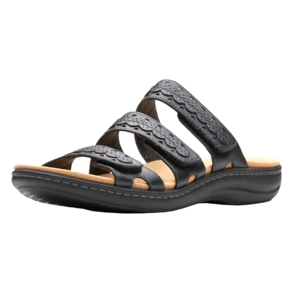 CLARKS COLKECTION Black Leather LAURIEANN Cove Ajustable Velcro Flat Sandals 9W
