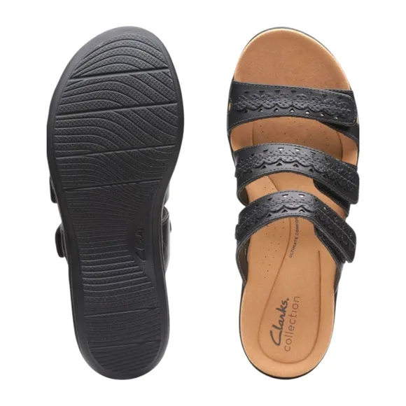 CLARKS COLKECTION Black Leather LAURIEANN Cove Ajustable Velcro Flat Sandals 9W