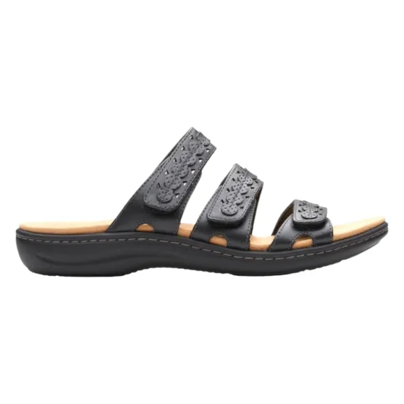 CLARKS COLKECTION Black Leather LAURIEANN Cove Ajustable Velcro Flat Sandals 9W