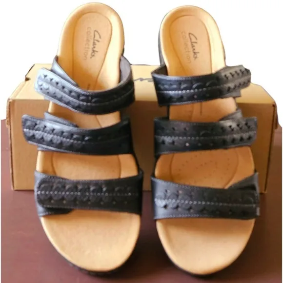 CLARKS COLKECTION Black Leather LAURIEANN Cove Ajustable Velcro Flat Sandals 9W