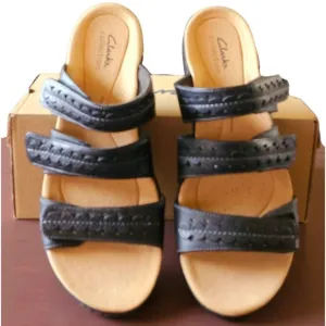 CLARKS COLKECTION Black Leather LAURIEANN Cove Ajustable Velcro Flat Sandals 9W