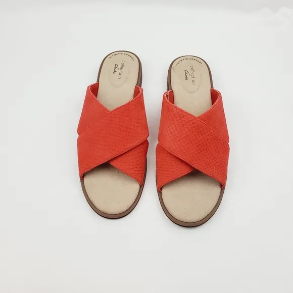 Clarks collection leather burnt orange slide sandals