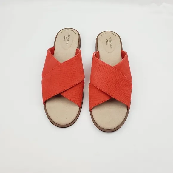 Clarks collection leather burnt orange slide sandals