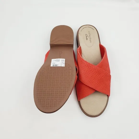 Clarks collection leather burnt orange slide sandals