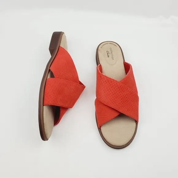 Clarks collection leather burnt orange slide sandals