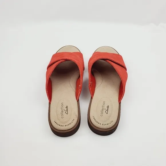 Clarks collection leather burnt orange slide sandals