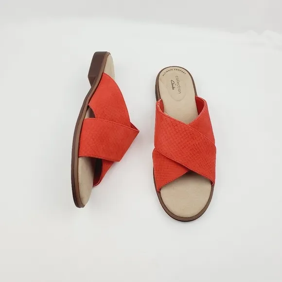 Clarks collection leather burnt orange slide sandals