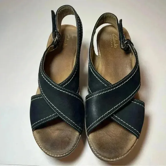 Clarks Collection Stasha Hale Black Leather Wedge Sandals Shoes Cork Heel 8