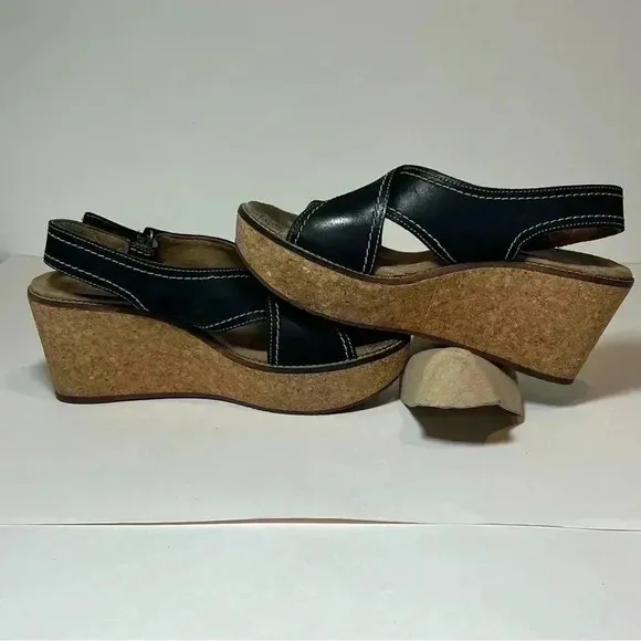 Clarks Collection Stasha Hale Black Leather Wedge Sandals Shoes Cork Heel 8
