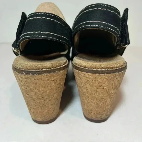Clarks Collection Stasha Hale Black Leather Wedge Sandals Shoes Cork Heel 8