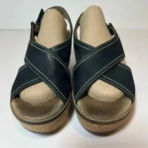Clarks Collection Stasha Hale Black Leather Wedge Sandals Shoes Cork Heel 8