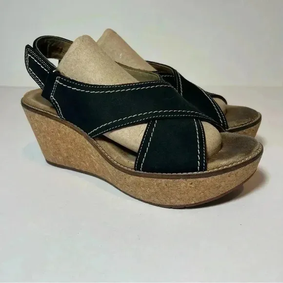 Clarks Collection Stasha Hale Black Leather Wedge Sandals Shoes Cork Heel 8