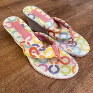 COACH LEATHER WARE A0135 DALORES Rainbow Wedge Heel Thong Sandals Size 7B