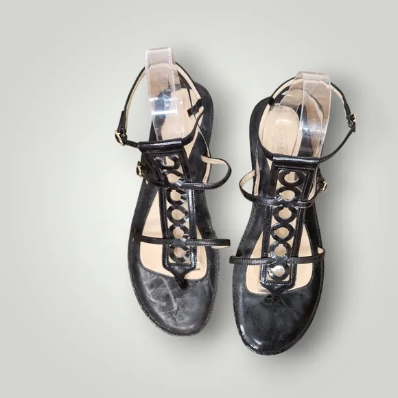 Coach patent leather Geralynn BLACK  PATENT LOGO GLADIATOR SANDALS size 9.5 B