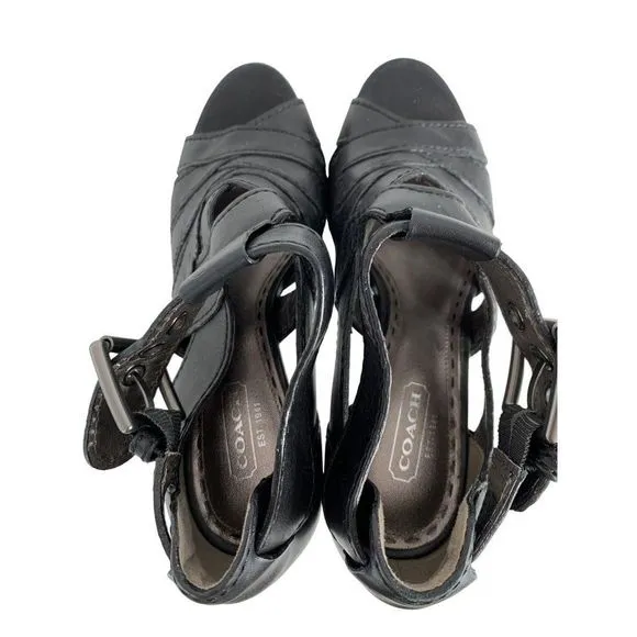 Coach Harah A3630 Heels Sandals Leather $198 Black Size 7.5B M Buckle 6358