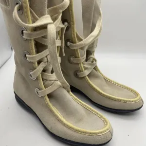 Cole Haan Women's Ivory Suede Boots Fur‎ Lined Waterproof Lace-Up Mid-Calf 6.5B