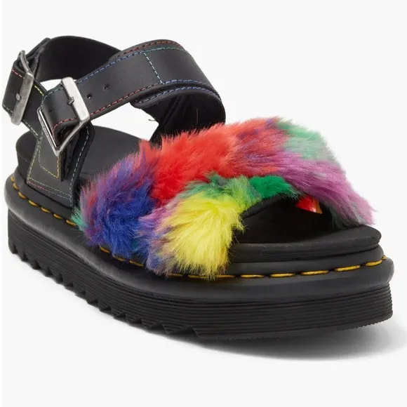 COPDR MARTENS VOSS FLUFFY FAUX FUR RAINBOW Pride SANDALS