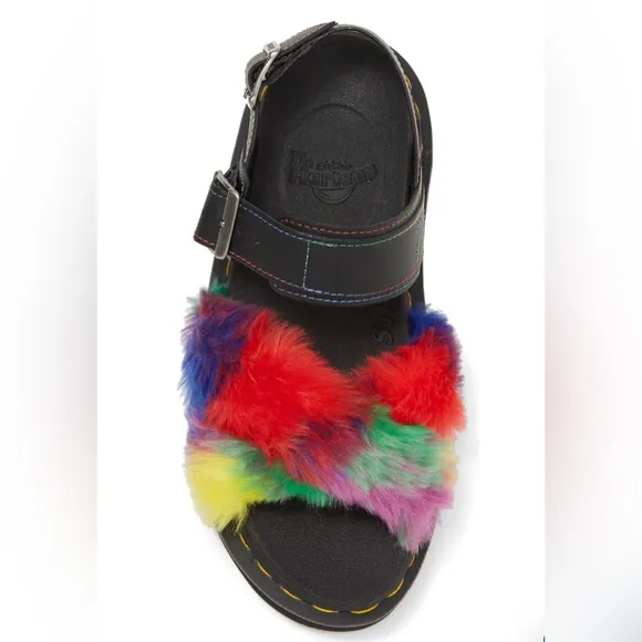 COPDR MARTENS VOSS FLUFFY FAUX FUR RAINBOW Pride SANDALS