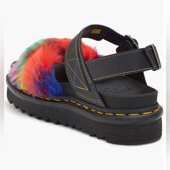 COPDR MARTENS VOSS FLUFFY FAUX FUR RAINBOW Pride SANDALS