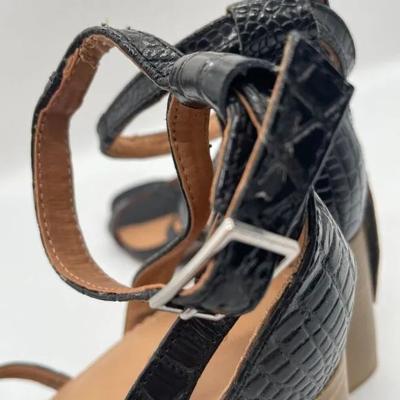 Crevo Kaitlin Black Croc Leather Block Heel Sandals Open Toe Sz 9.5 Memory Foam