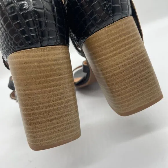 Crevo Kaitlin Black Croc Leather Block Heel Sandals Open Toe Sz 9.5 Memory Foam