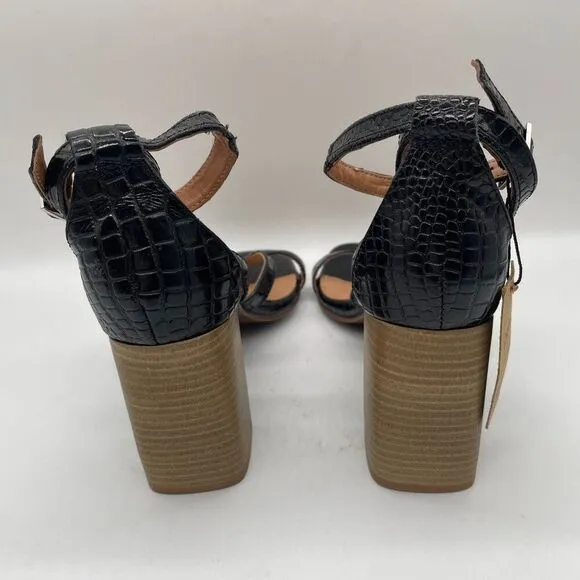 Crevo Kaitlin Black Croc Leather Block Heel Sandals Open Toe Sz 9.5 Memory Foam