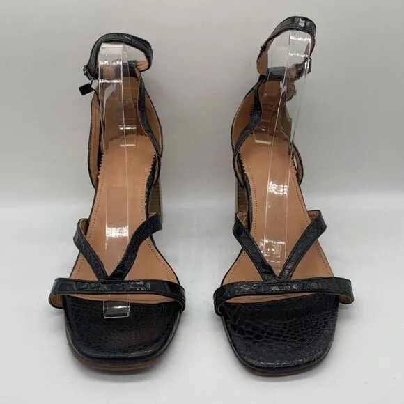 Crevo Kaitlin Black Croc Leather Block Heel Sandals Open Toe Sz 9.5 Memory Foam