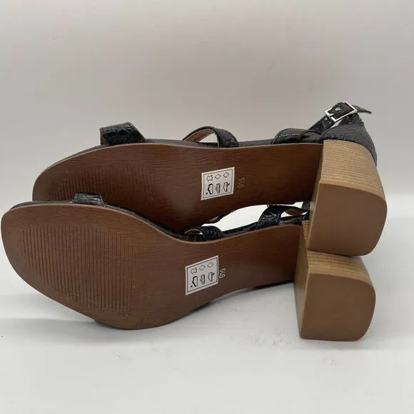 Crevo Kaitlin Black Croc Leather Block Heel Sandals Open Toe Sz 9.5 Memory Foam
