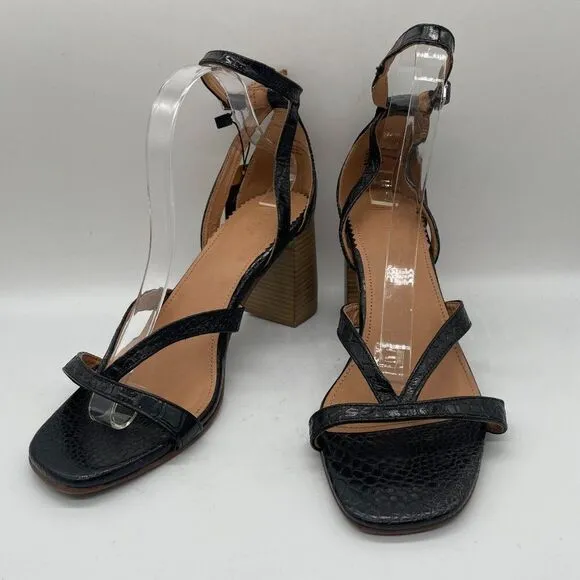 Crevo Kaitlin Black Croc Leather Block Heel Sandals Open Toe Sz 9.5 Memory Foam