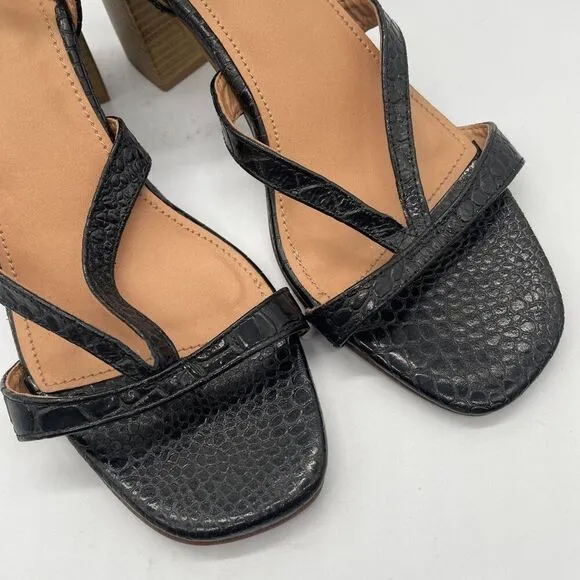 Crevo Kaitlin Black Croc Leather Block Heel Sandals Open Toe Sz 9.5 Memory Foam