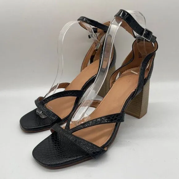 Crevo Kaitlin Black Croc Leather Block Heel Sandals Open Toe Sz 9.5 Memory Foam
