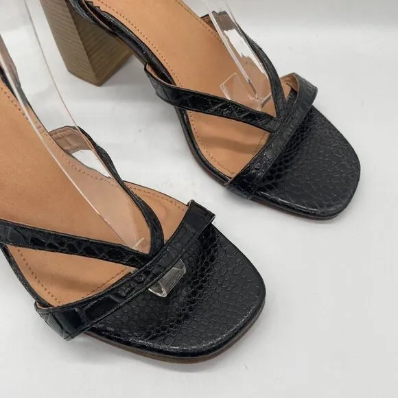 Crevo Kaitlin Black Croc Leather Block Heel Sandals Open Toe Sz 9.5 Memory Foam