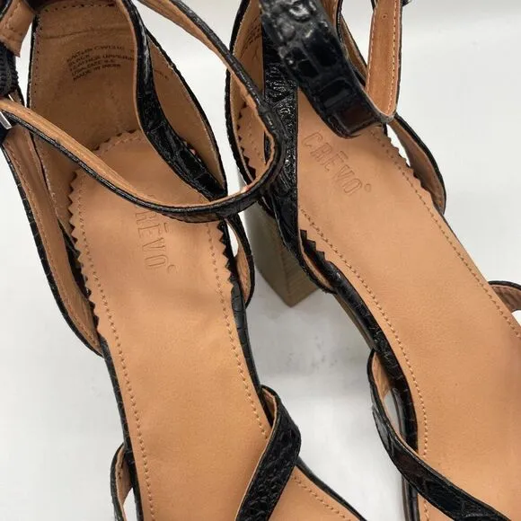 Crevo Kaitlin Black Croc Leather Block Heel Sandals Open Toe Sz 9.5 Memory Foam