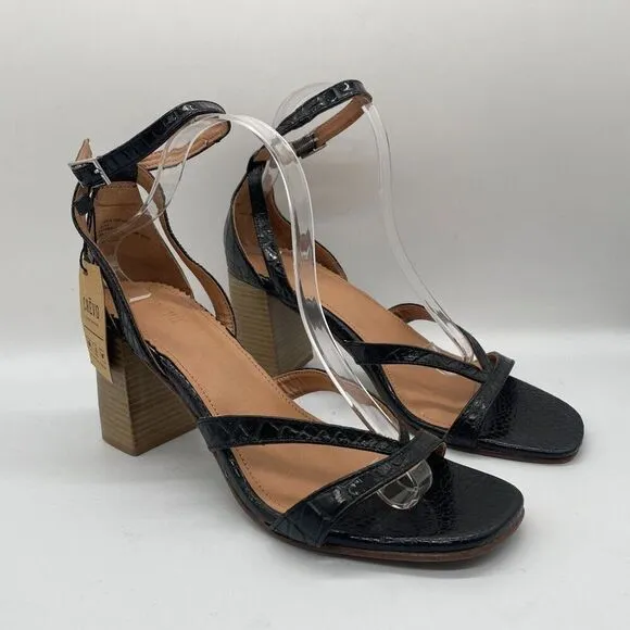 Crevo Kaitlin Black Croc Leather Block Heel Sandals Open Toe Sz 9.5 Memory Foam