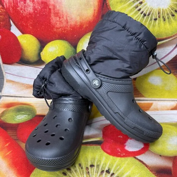 Crocs M7/W9 Black Winter Boots With Faux Fur Lining &amp; Adjustable Drawstring