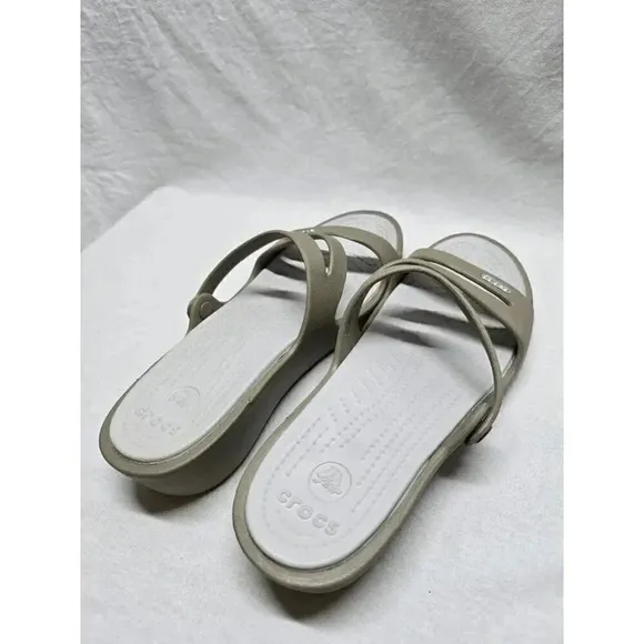 Crocs Patricia Wedge Strappy Slide Slip On Sandals Womens Size 9- Tan/Oyster