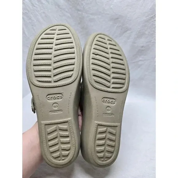 Crocs Patricia Wedge Strappy Slide Slip On Sandals Womens Size 9- Tan/Oyster