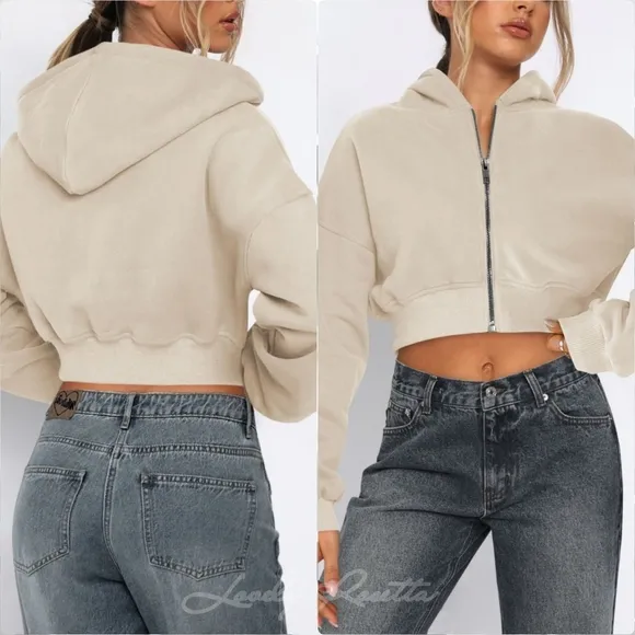 Cropped Hooded Zip-Up Jacket