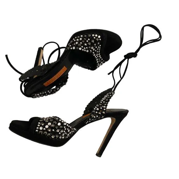 D. Lacquaniti Marina Nero Size 37.5 Black Pumps Made in Italy Suede &amp; Crystal