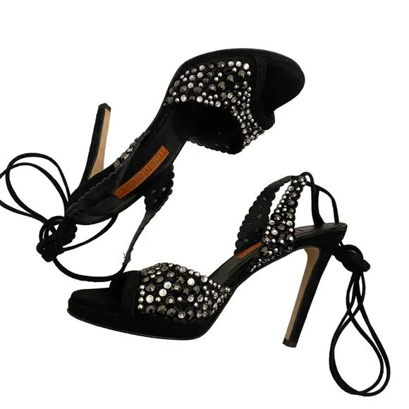 D. Lacquaniti Marina Nero Size 37.5 Black Pumps Made in Italy Suede &amp; Crystal