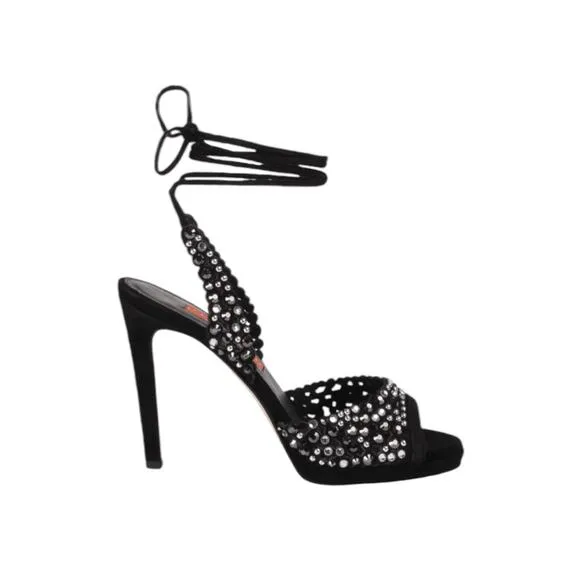 D. Lacquaniti Marina Nero Size 37.5 Black Pumps Made in Italy Suede &amp; Crystal