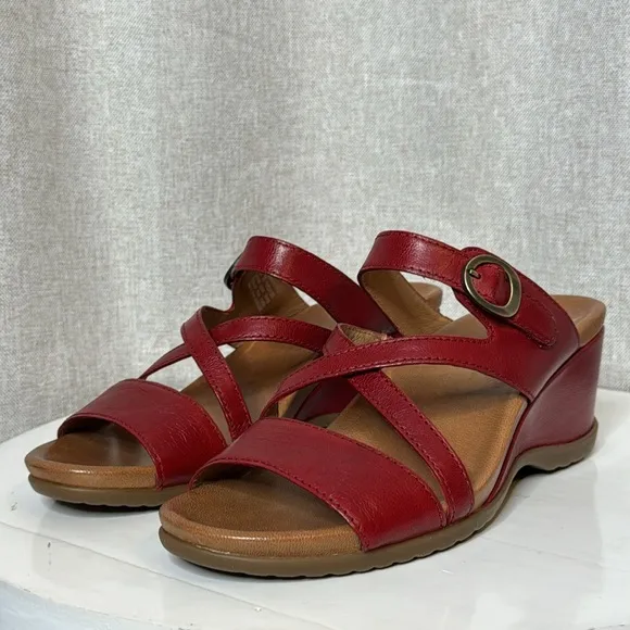 DANSKO ANA GLAZED KID LEATHER RED WEDGE SANDALS **NIB**