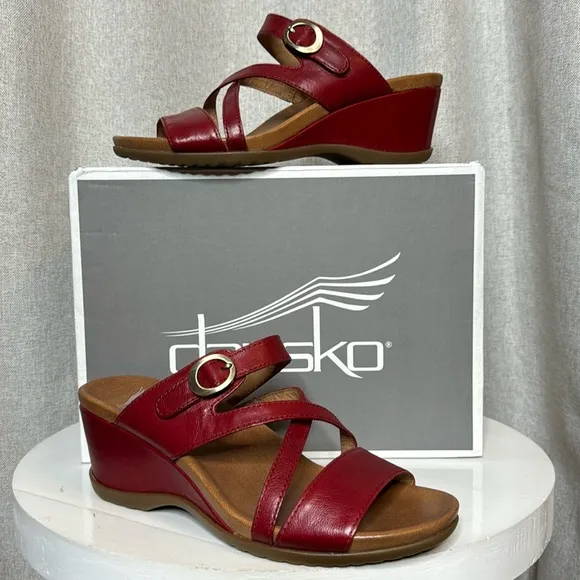 DANSKO ANA GLAZED KID LEATHER RED WEDGE SANDALS **NIB**