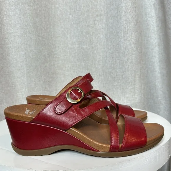 DANSKO ANA GLAZED KID LEATHER RED WEDGE SANDALS **NIB**