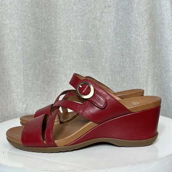 DANSKO ANA GLAZED KID LEATHER RED WEDGE SANDALS **NIB**